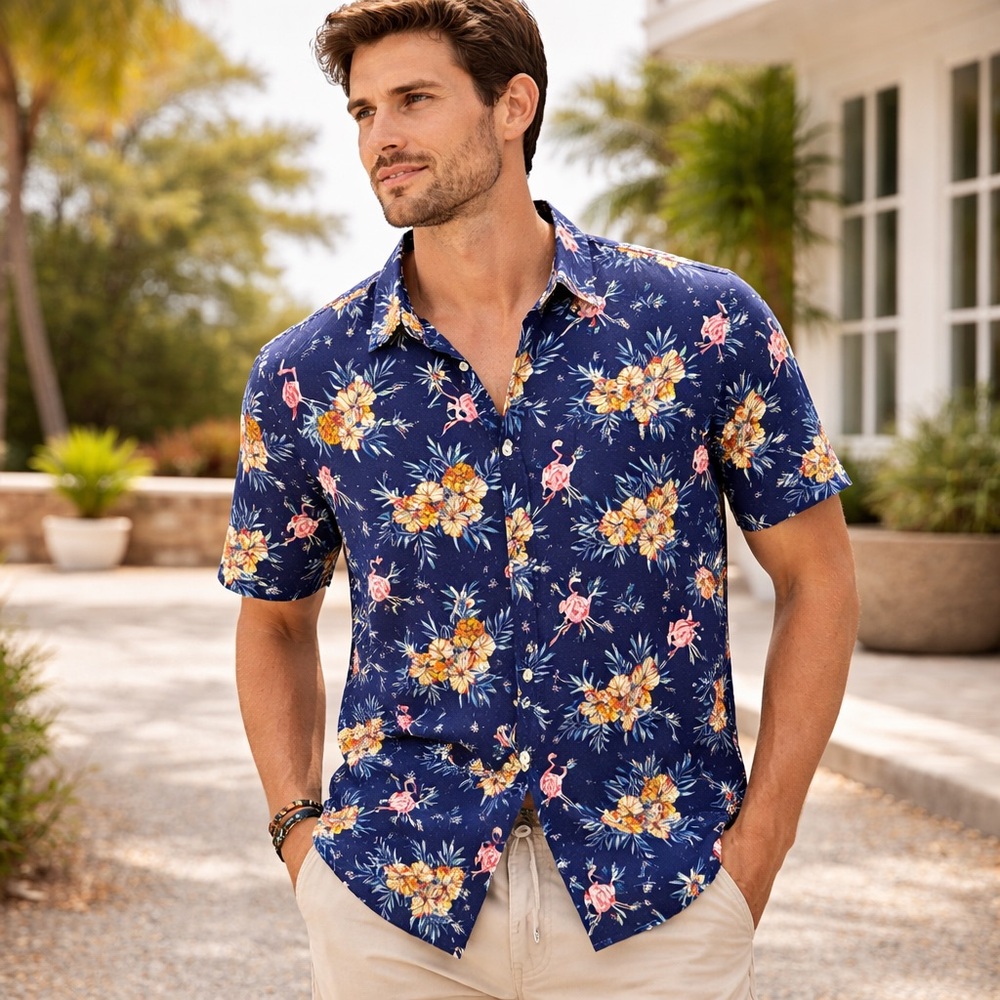 MBX Premium Goods Flamingo Tropical‎ Button Down Shirt Navy Pink Size M Beach